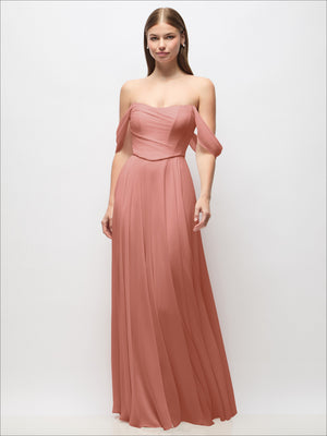 Dusty rose off-shoulder corset chiffon maxi dress with draped sleeves