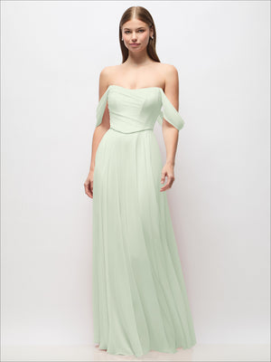 Mint green off-shoulder corset chiffon maxi dress with draped sleeves