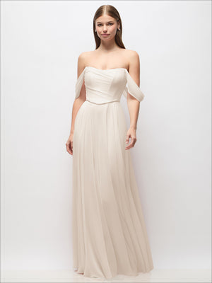 Ivory off-shoulder corset chiffon maxi dress with flowing pleated skirt