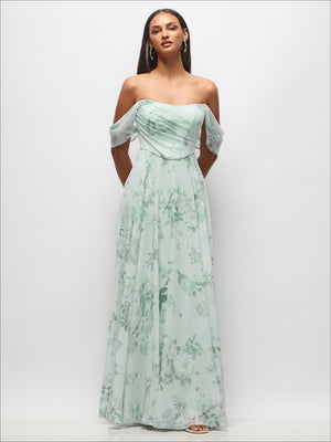 Off-the-shoulder floral chiffon maxi dress with gathered bodice, mint green floral print