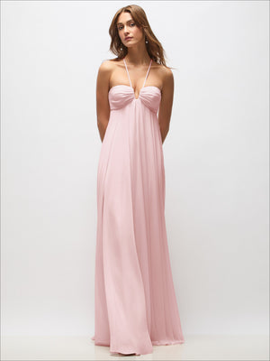 Blush chiffon empire-waist maxi dress with halter tie and draped skirt