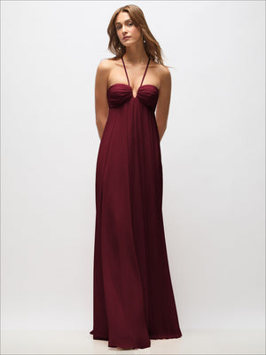Empire-waist chiffon halter maxi dress in deep burgundy with ruched tied halter neckline