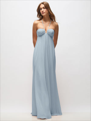 Light blue chiffon halter maxi dress, front view with knotted bust and empire seam