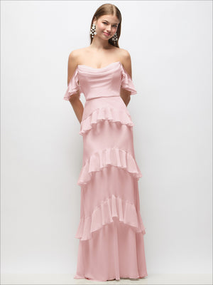 Blush pink off-the-shoulder cowl chiffon maxi dress with tiered ruffle skirt