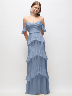 Light blue off-shoulder cowl maxi dress with tiered ruffle skirt and flutter ruffle sleeves