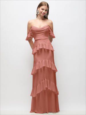 Blush pink off-the-shoulder cowl chiffon maxi dress with fluttery sleeve ruffles