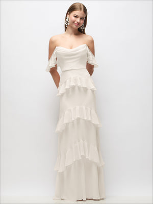 Ivory off-the-shoulder cowl maxi dress with tiered ruffle design and flutter sleeve straps