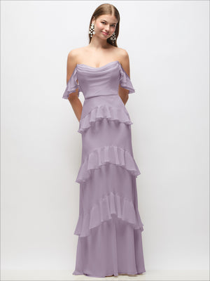 Lavender off-the-shoulder cowl chiffon maxi dress with tiered ruffle skirt