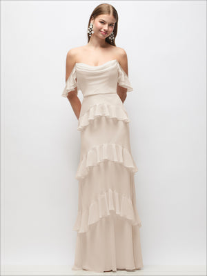 Off-the-shoulder cowl tiered ruffle maxi dress in champagne with layered ruffle skirt