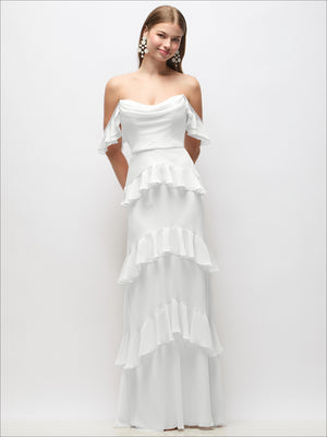 Ivory off-the-shoulder cowl maxi dress with ruffled tiers and fluttering off-shoulder straps