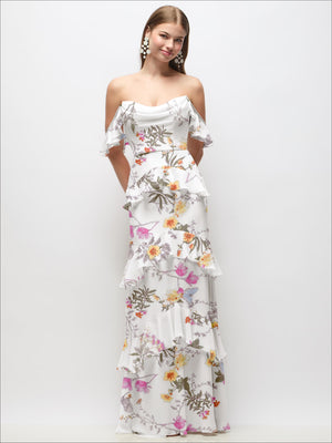 Floral off-shoulder cowl maxi dress with tiered ruffle skirt and flutter sleeve trims