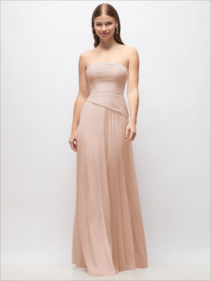 Blush strapless chiffon maxi dress with ruched strapless bodice and draped waist