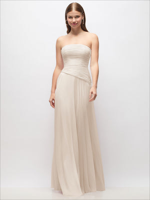 Ivory strapless chiffon maxi dress with ruched bodice and asymmetrical drop waist pleats