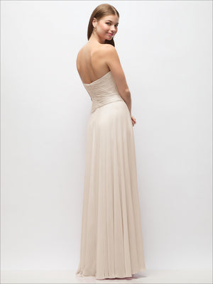 Ivory strapless chiffon maxi dress with ruched bodice and draped drop waist