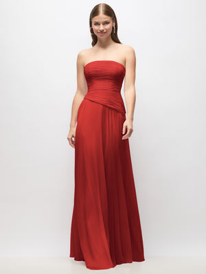 Red strapless chiffon maxi dress with ruched bodice and draped drop waist