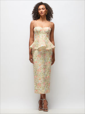 Floral bustier midi dress with peplum and fitted column skirt, spaghetti straps