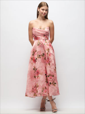Strapless organza midi dress, pink floral print with draped bodice and full skirt