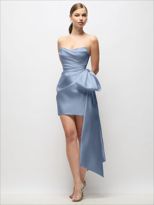 Light blue strapless satin mini dress with fitted waist and draped side bow tail