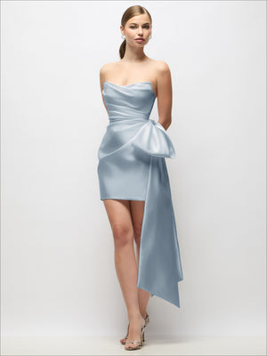 Light blue strapless satin mini dress with fitted waist and draped side bow tail