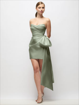 Olive green strapless satin mini dress with pleated waist, draped long tail bow