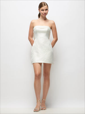 Off-white strapless mini dress with embossed floral jacquard bodice