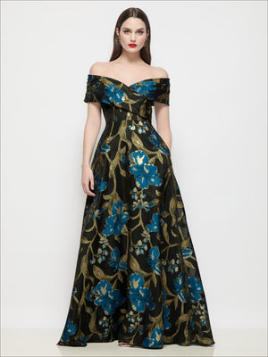 Off-shoulder floral maxi dress in blue-and-black organza, full A-line skirt