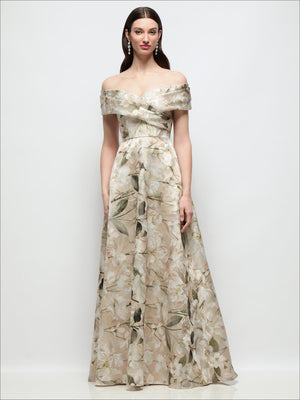 Floral off-shoulder maxi dress with wrap bodice and full skirt, cream metallic jacquard