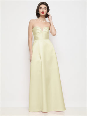 Strapless satin maxi dress with U-wire, pleated semi-circle skirt in pale yellow