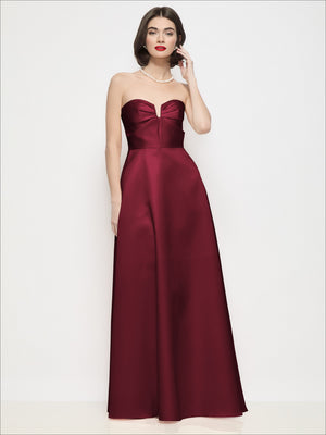 Burgundy satin strapless maxi dress with U-wire bodice and pleated semi-circle skirt, front view