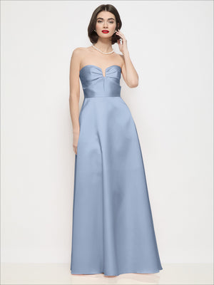 Light blue strapless satin maxi dress with sweetheart neckline, bow, and smooth skirt
