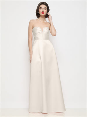 Ivory strapless satin maxi dress with sweetheart bodice and pleated semi-circle skirt