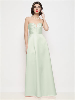 Front view of strapless satin maxi dress in mint green with pleated semi-circle skirt