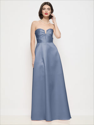 Blue strapless satin maxi dress with structured sweetheart bodice and flared skirt