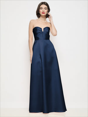 Deep blue strapless satin maxi dress with sweetheart neckline and semicircle skirt