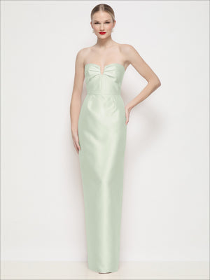 Strapless satin column maxi dress with U-wire bodice, pleated bust, mint green