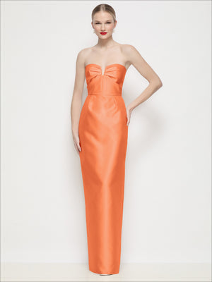 Strapless satin column maxi dress with U-wire bodice, pleated bust, orange