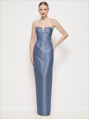 Blue strapless satin maxi column dress with pleated bodice and U-wire neckline