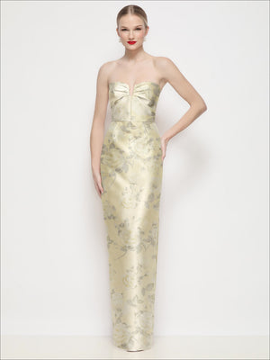 Ivory strapless satin maxi column dress with floral print, pleated bodice, U-wire neckline