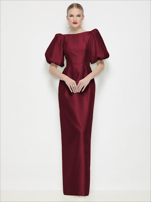Burgundy satin column maxi dress with bateau neckline and puff sleeves