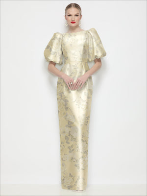 Cream yellow floral satin column maxi dress with bateau neckline and puff sleeves
