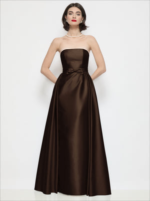 Dark espresso strapless satin column dress with waist bow and full skirt