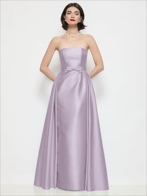 Strapless satin column dress with bow-waist overskirt, lilac satin, front