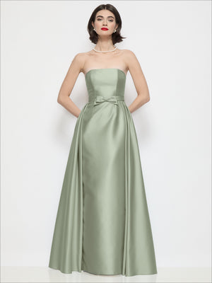 Sage green strapless satin column dress with center waist bow detail