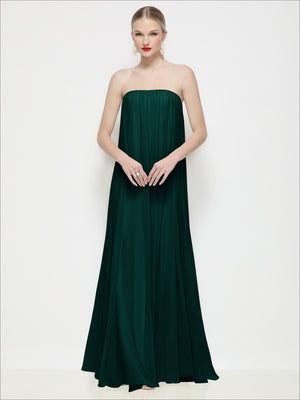 Deep green strapless shirred chiffon maxi dress, front view, flowing trapeze skirt