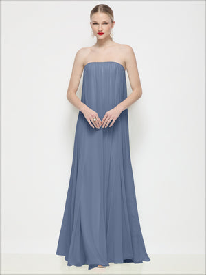 Dusty blue strapless shirred chiffon maxi dress with flowing trapeze silhouette