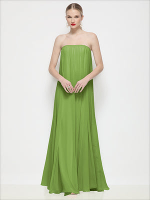 Green strapless shirred chiffon maxi dress with trapeze silhouette and pleated bodice.