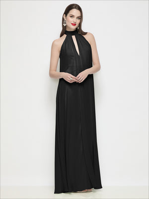 Black shirred chiffon halter trapeze slip-on dress with draped keyhole neckline