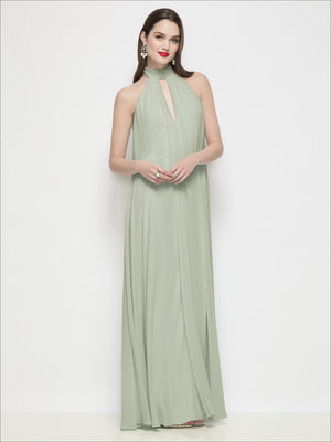 Mint green halter chiffon maxi dress with keyhole cutout and relaxed trapeze fit