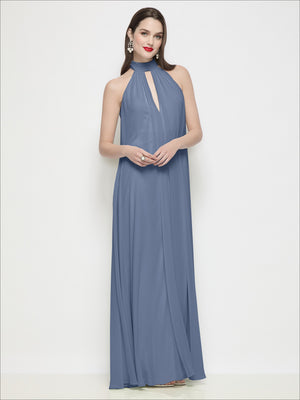Blue halter chiffon trapeze dress with shirred bodice and keyhole neckline