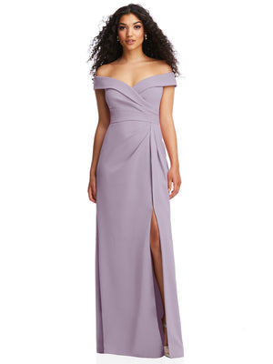 Lilac off-the-shoulder faux wrap maxi dress with gathered pleats and front slit